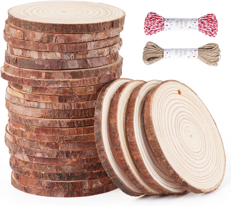 Timburst 30 Pcs Wood Slices For Crafts, 1.7"-2.3” Pre-Drilled Holes Wood Rounds, 66 Feet Twine String, Wooden Circles For Crafts Burning Painting Diy Crafts Christmas Wedding Party Wedding Decor Party - Image 1